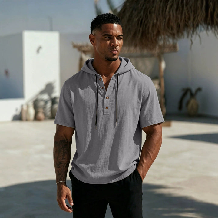 Herren Kurzarm-Hoodie-Henley aus Leinenoptik mit Knopfleiste – Cavarno