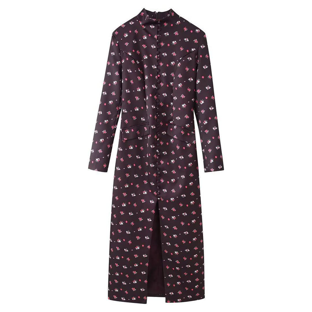 Damen Langärmliges Maxikleid mit Stehkragen, durchgehender Knopfleiste und floralem Alloverprint Echo Archiv