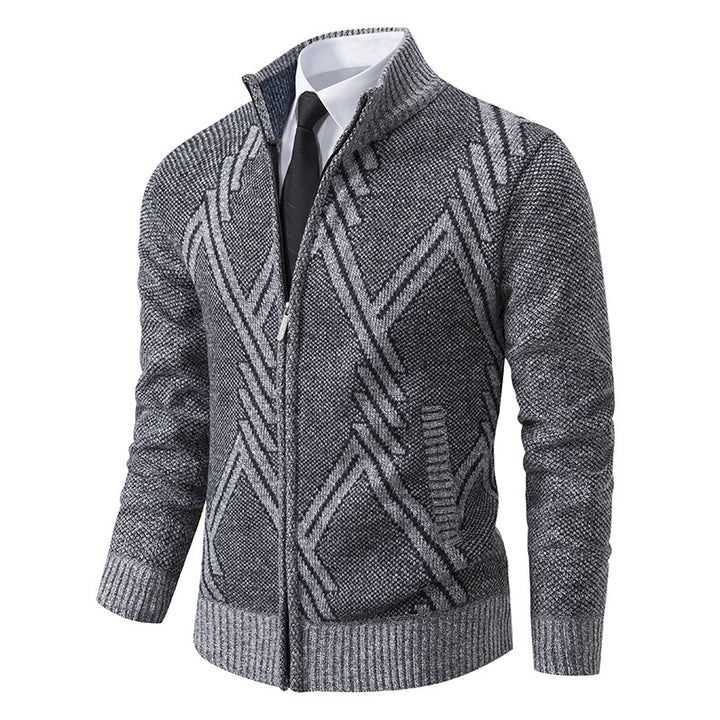 Herren Grobgestrickte Zip‑Strickjacke mit Stehkragen und geometrischem Strukturmuster Echo Archiv
