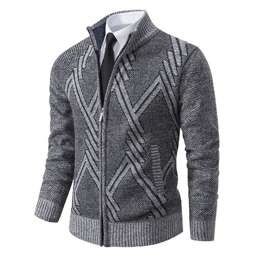 Herren Grobgestrickte Zip‑Strickjacke mit Stehkragen und geometrischem Strukturmuster Echo Archiv