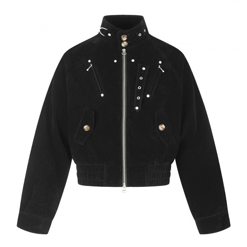 Damen Kurz geschnittene Wildleder‑Bomberjacke mit hohem Stehkragen, Metall‑Applikationen und elastischem Taillenbund Echo Archiv