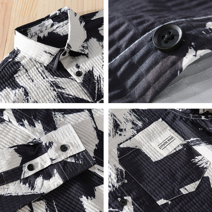 Herren Gekreppte Overshirt‑Hemdjacke mit abstraktem Pinselprint und Brusttasche Echoarchiv