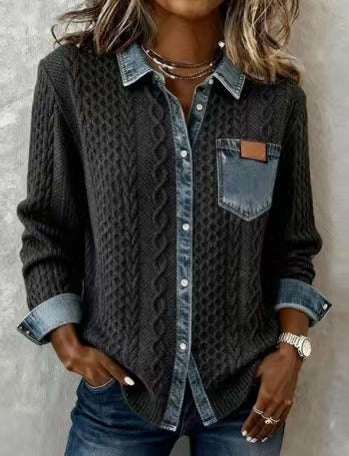 Damen Strickjacke mit Denim-Look-Kragen, dekorativer Knopfleiste und Brusttasche – Veloura