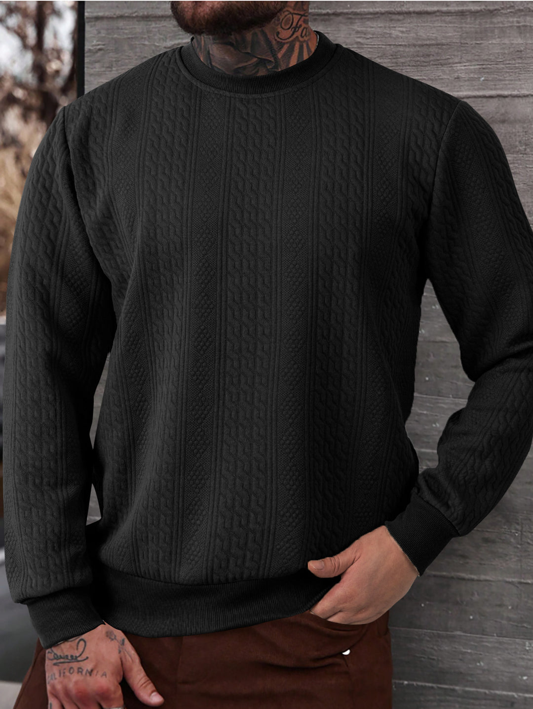 Herren texturiertes Rundhals-Sweatshirt mit feiner Waffelstruktur und gerippten Bündchen – Marzano