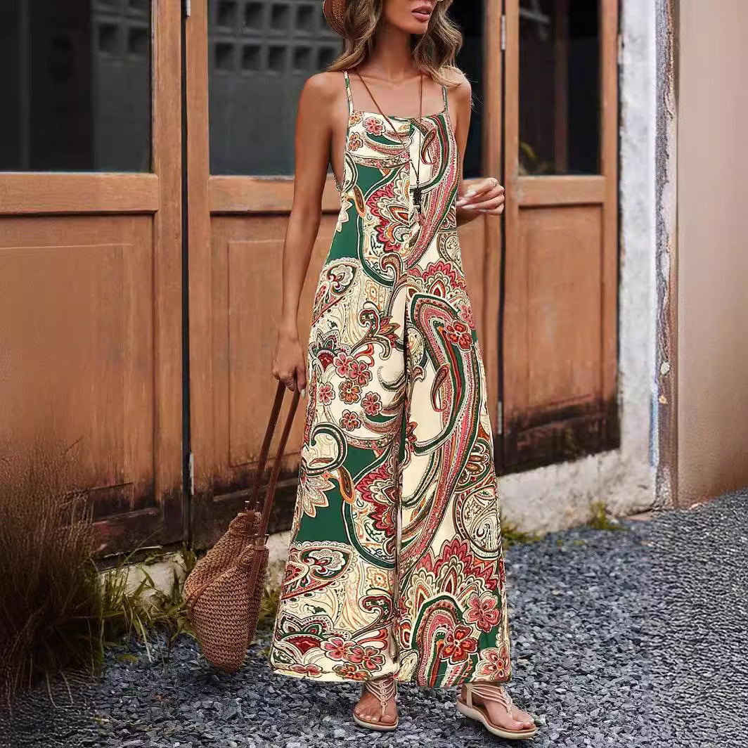 Damen Lässiger ärmelloser Jumpsuit mit weitem Bein, Spaghettiträgern und Paisley‑Print – Solévia
