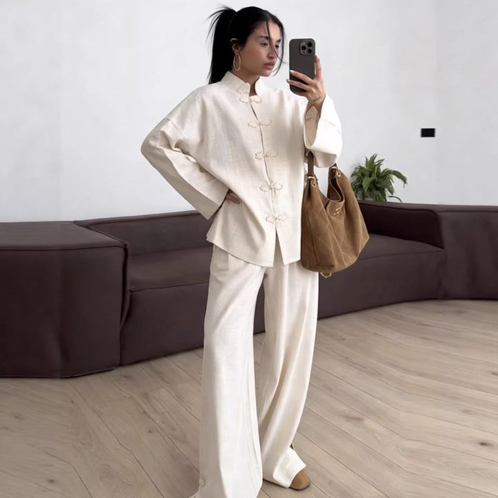 Damen Oversized Mandarinjacke mit Knotenverschlüssen und weitem Arm Echo Archiv