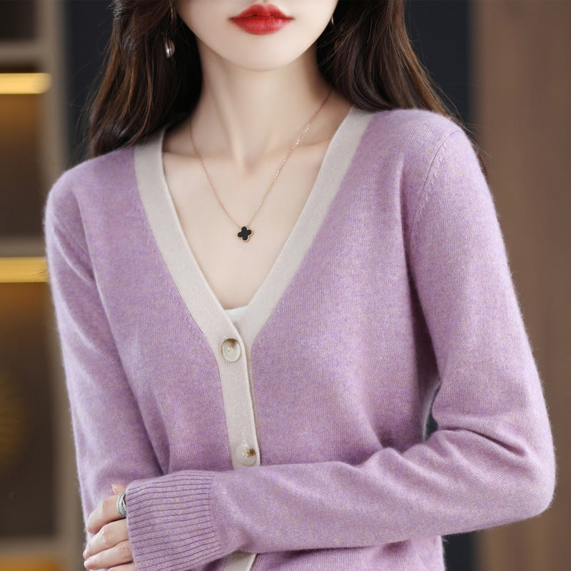 Damen Kontrastbesetzter V‑Neck-Feinstrickcardigan mit Perlmuttknöpfen Echoarchiv