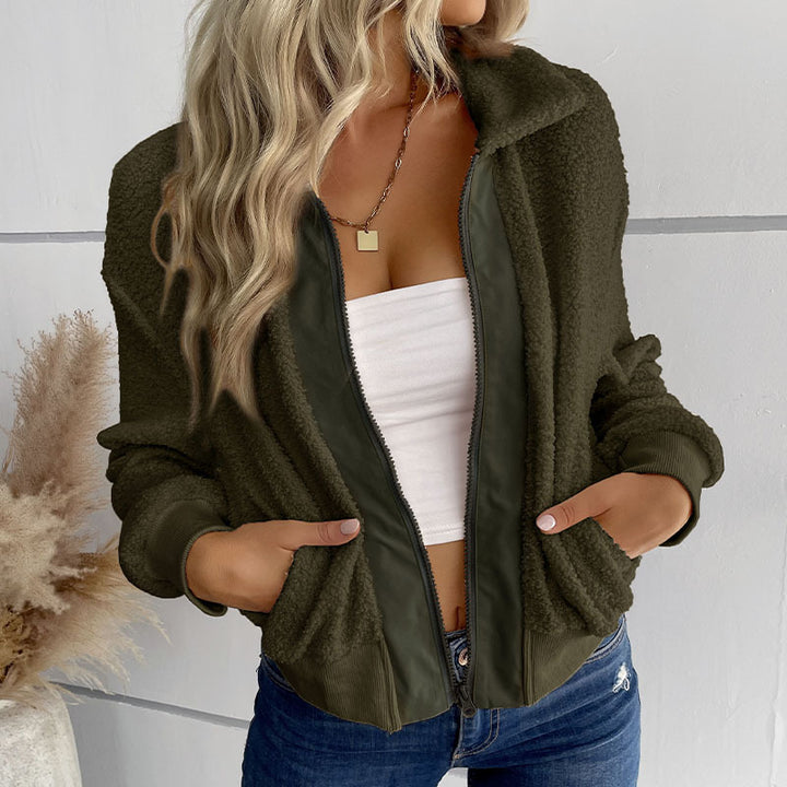 Damen Teddyjacke mit Reißverschluss, Stehkragen und Rippbündchen Echoarchiv