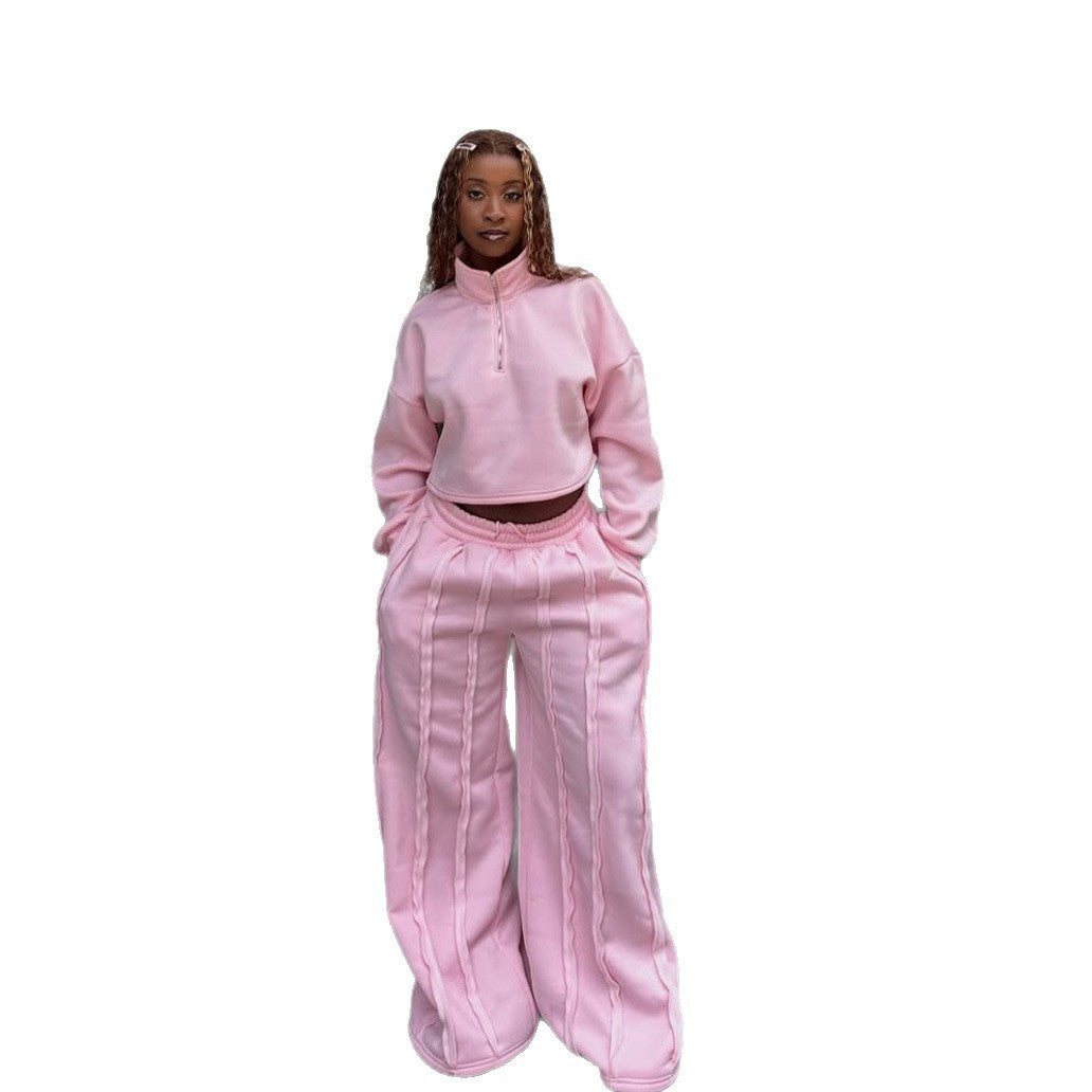 Damen Crop-Halbzip-Sweatshirt und High-Waist Wide-Leg Loungehose Set mit sichtbaren Naht-Details – Avérine