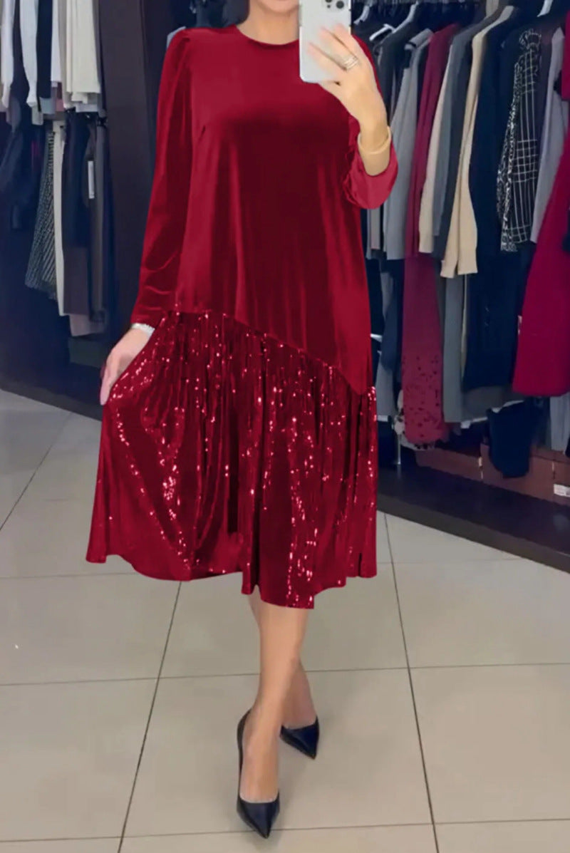 Damen nan Samt-Midikleid mit plissiertem Paillettenrock, lockerem A-Linien-Schnitt und Rundhalsausschnitt Echo Archiv