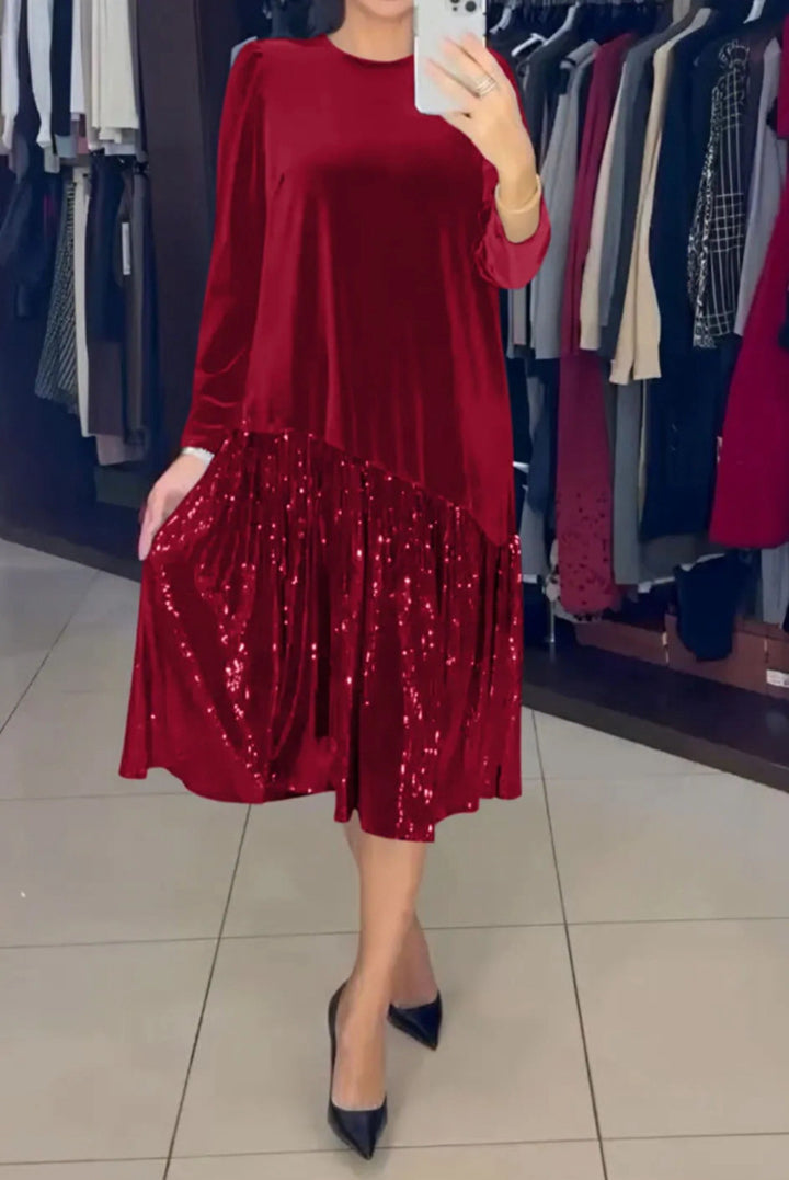 Damen nan Samt-Midikleid mit plissiertem Paillettenrock, lockerem A-Linien-Schnitt und Rundhalsausschnitt Echo Archiv