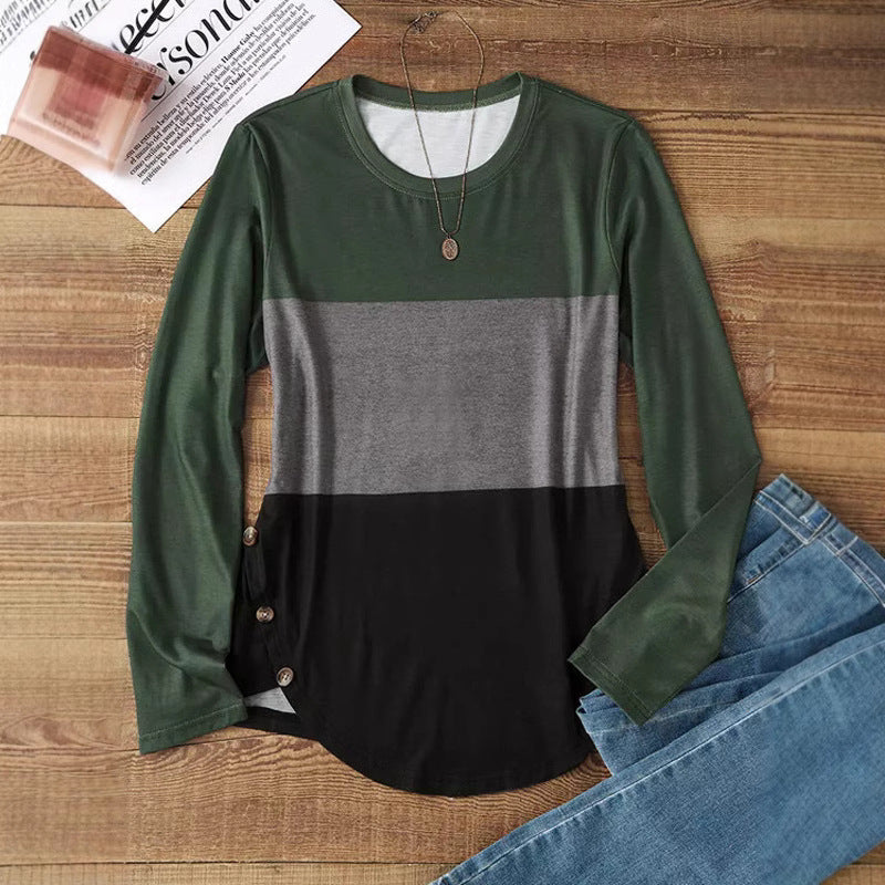 Damen Langarm-Colorblock-Shirt mit rundem Saum und seitlichem Knopfdetail – Avérine