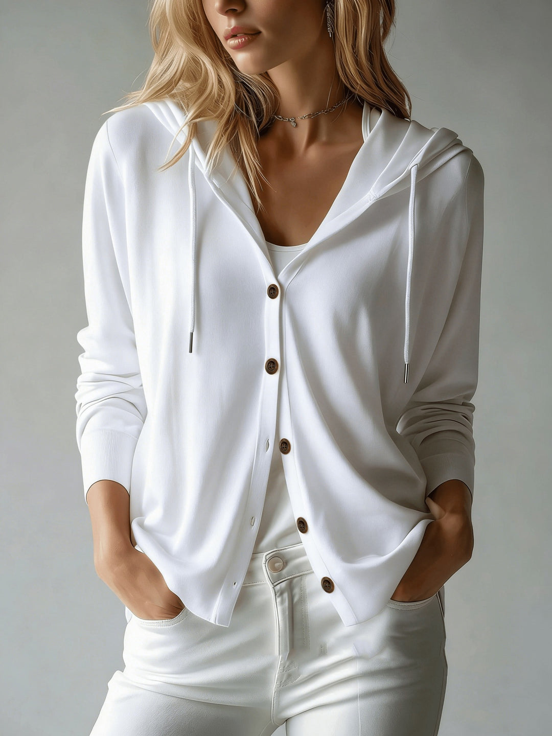 Damen leichter Kapuzen-Cardigan mit Knopfleiste und Tunnelzug – Veloura
