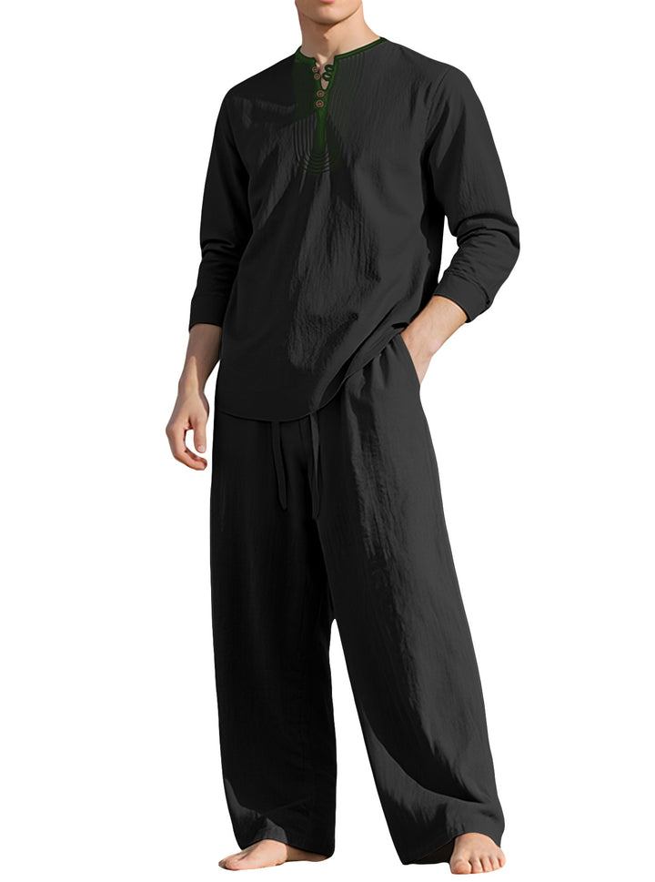 Herren nan Tunika- und Palazzohose-Set mit Henley-Blende, Zierstickerei und weitem Schnitt Echo Archiv
