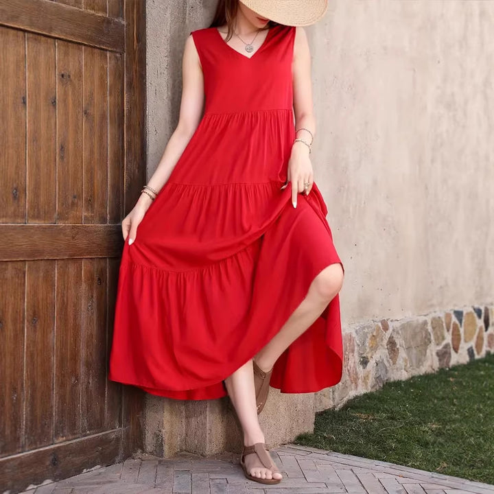 Damen Elegantes Sommer-Maxi-Kleid mit voluminösem Rock und V-Ausschnitt Echo Archiv