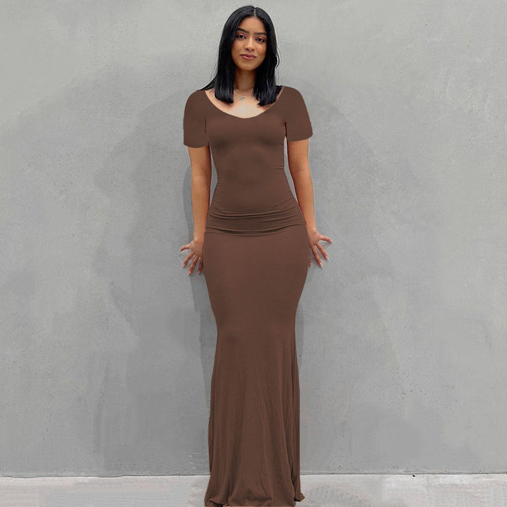 Damen Körperbetontes Maxi‑Jerseykleid mit taillierter Drapierung, langen Ärmeln und ausgestelltem Saum – Valéora