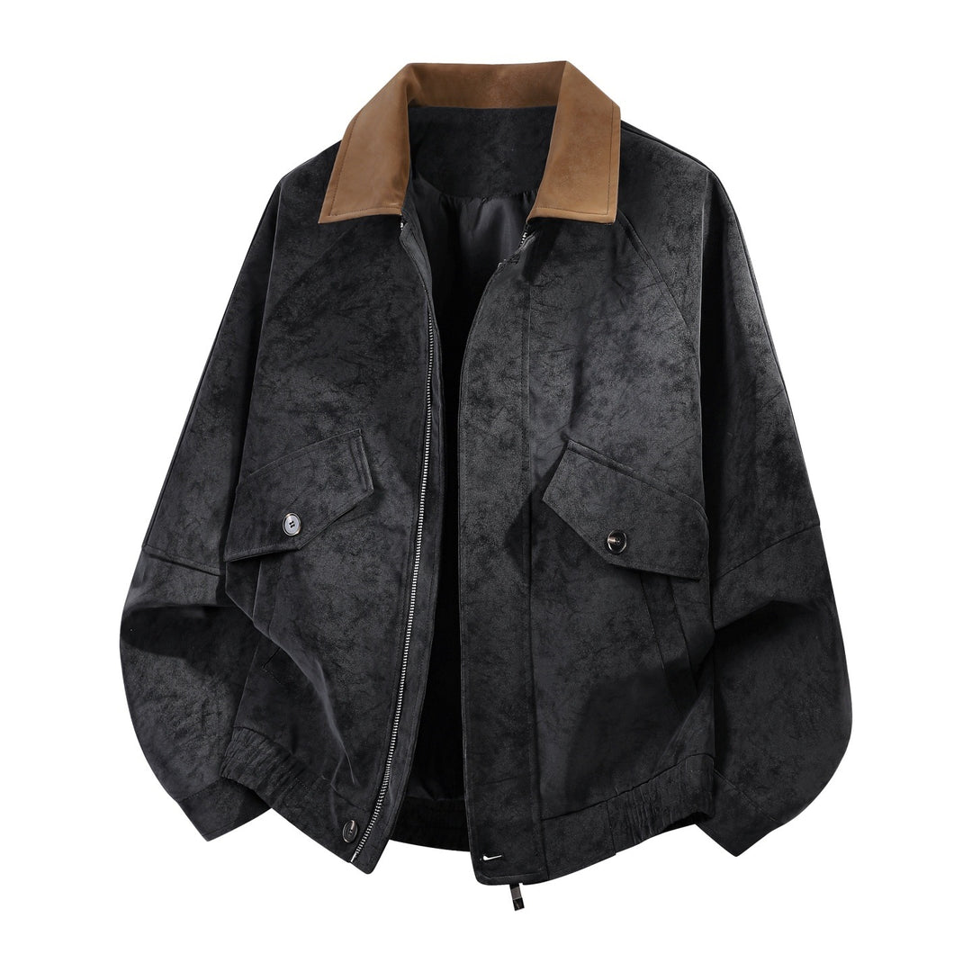 Herren Oversize Bomberjacke in Veloursleder-Optik mit kontrastierendem Kragen, Pattentaschen & elastischem Saum Echoarchiv