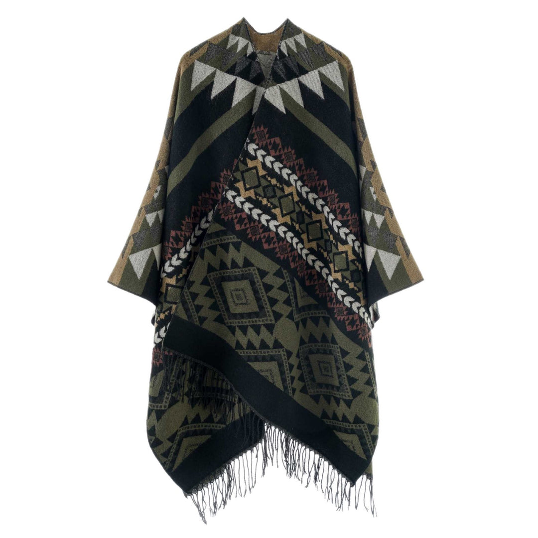 Damen Oversize Jacquard‑Cape im Ethno‑Jacquard mit Fransen – Avérine