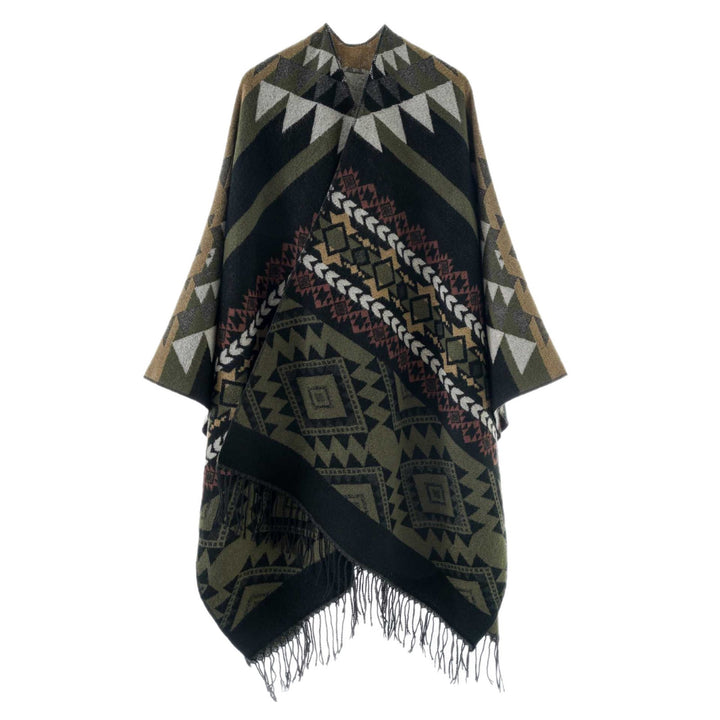 Damen Oversize Jacquard‑Cape im Ethno‑Jacquard mit Fransen – Avérine