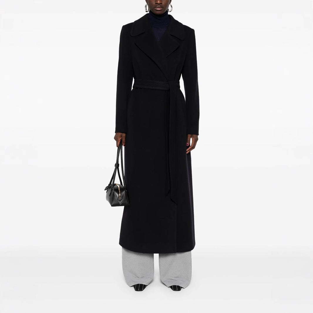 Damen Langer Wickelcoat aus Wollmix mit Bindegürtel und breitem Revers Echoarchiv