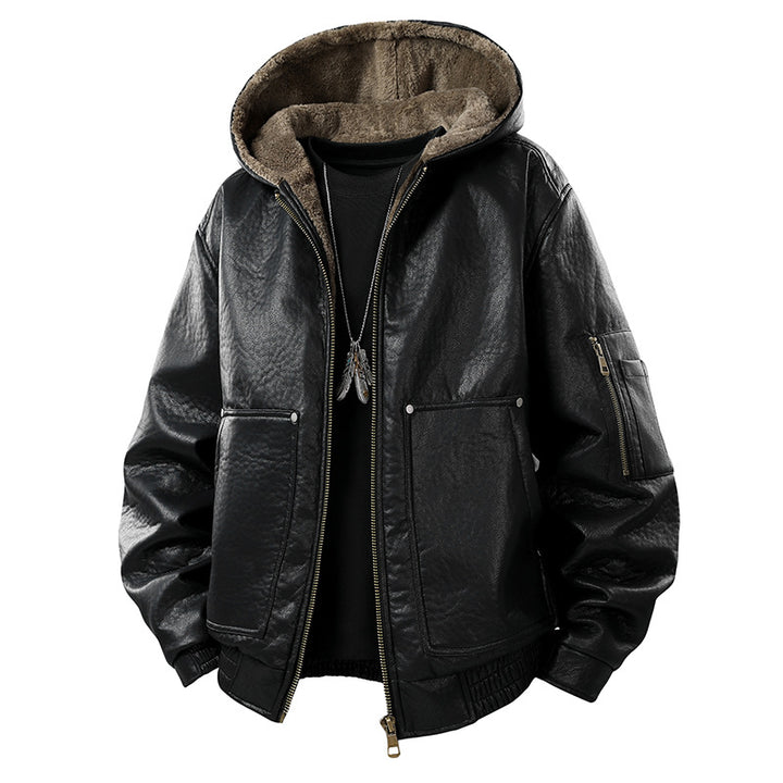 Herren gefütterte Lederoptik-Bomberjacke mit Kapuze und Teddyinnenfutter Echo Archiv