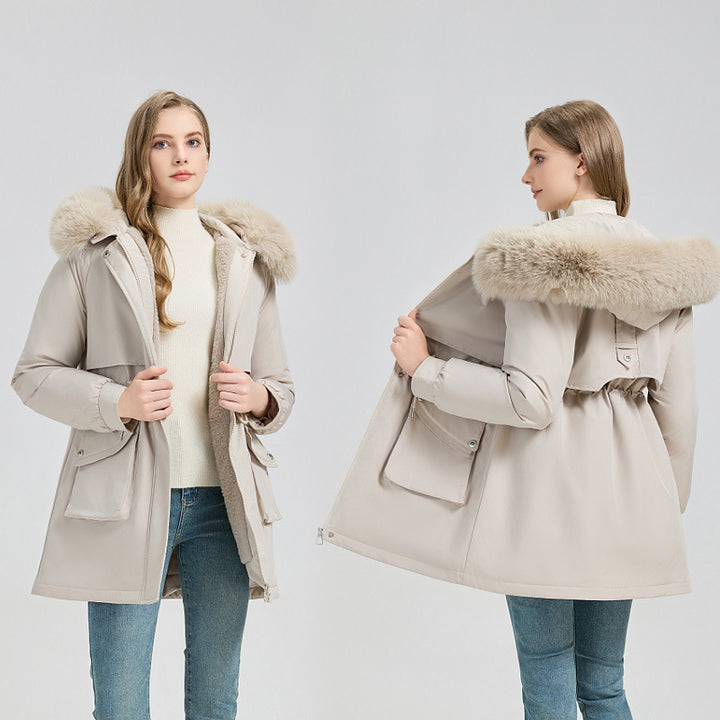 Damen Midilanger Thermoparka mit Teddy-Innenfutter, abnehmbarem Kunstpelzkragen und Taillenregulierung Echo Archiv