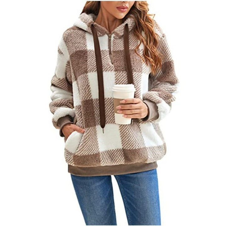 Damen Oversized Sherpa-Hoodie im Karomuster mit halbem Reißverschluss und Kängurutasche Echo Archiv