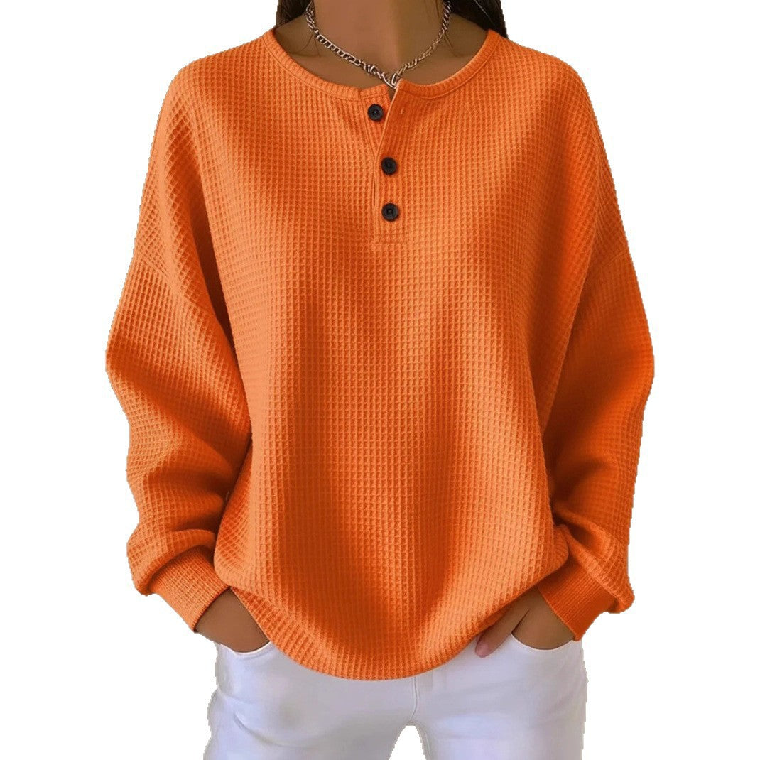 Damen nan Oversized Waffelstrick Henley-Pullover mit Knopfleiste und abgerundetem Saum Echo Archiv