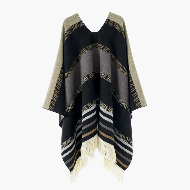 Damen Oversize Poncho-Cape mit V-Ausschnitt und Fransensaum – Avérine