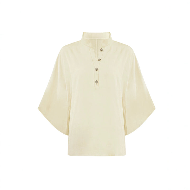 Damen Leichtes Jersey-Set mit Oversize-Henleybluse, Kimonoärmeln und weiter Bundhose – Élanora