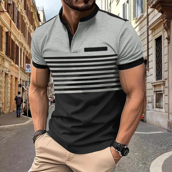 Herren nan kurzärmeliges Streifen-Kurzarmshirt mit Knopfleiste, Stehkragen und Brustpaspel Echo Archiv