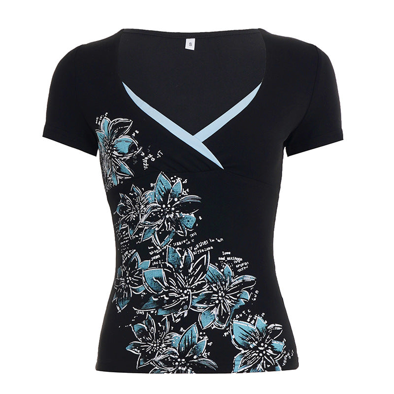 Damen figurbetontes T-Shirt mit floralem Druck und V-Ausschnitt Echo Archiv