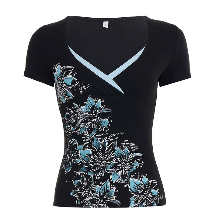 Damen figurbetontes T-Shirt mit floralem Druck und V-Ausschnitt Echo Archiv
