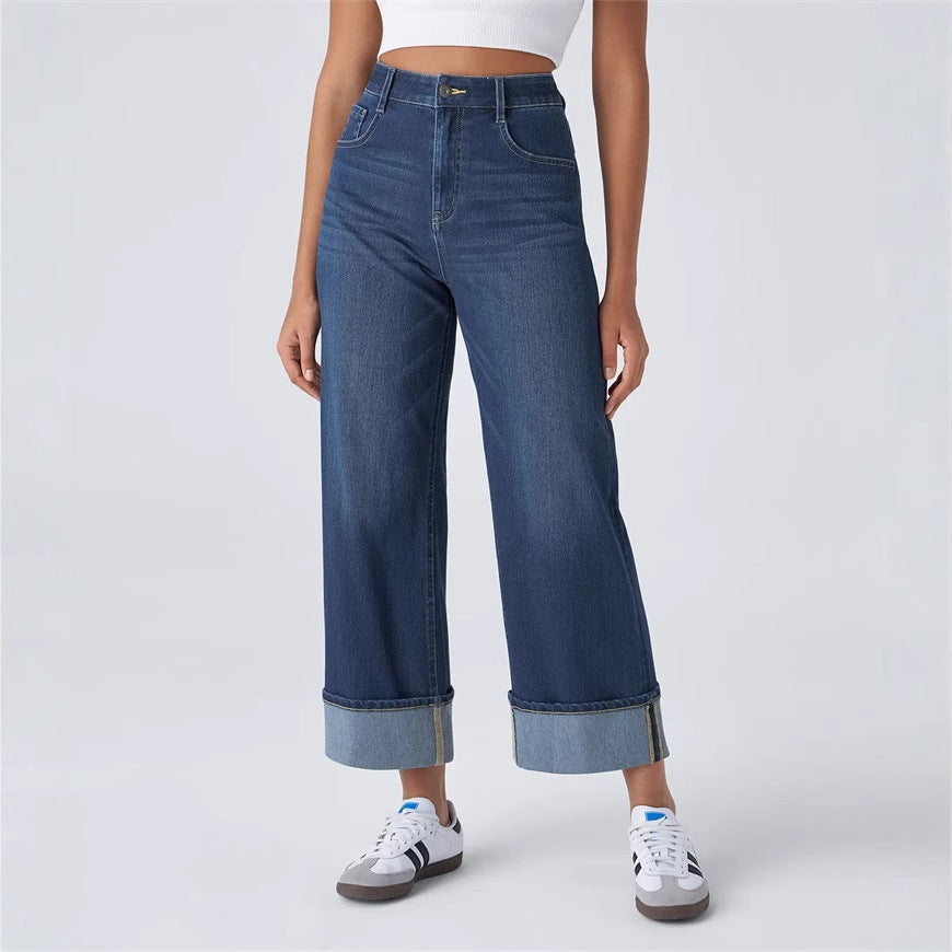 Damen nan hochgeschnittene weite Knöchellänge-Jeans mit breitem Umschlag und Fünf-Taschen-Schnitt Echo Archiv
