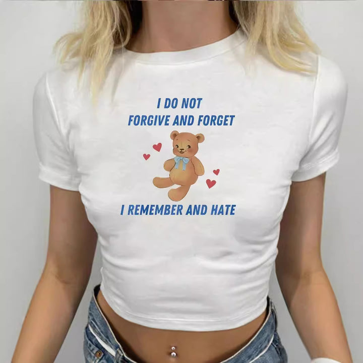 Damen Crop-T-Shirt mit kreativem Bärenmotiv und witzigem Spruch Echo Archiv