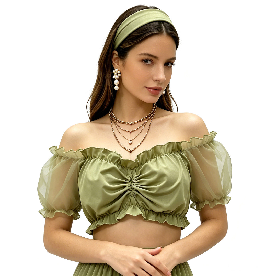 Damen nan gerafftes Crop Top mit Carmenausschnitt und transparenten Organzaärmeln Echo Archiv