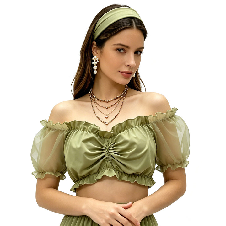 Damen nan gerafftes Crop Top mit Carmenausschnitt und transparenten Organzaärmeln Echo Archiv