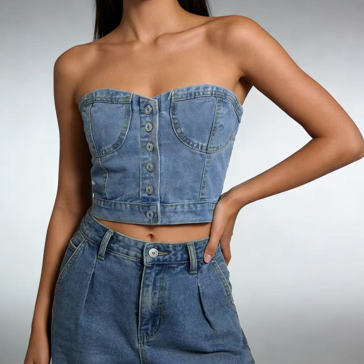 Damen Denim Bustier-Oberteil mit Knopfdetails und tailliertem Schnitt Echo Archiv