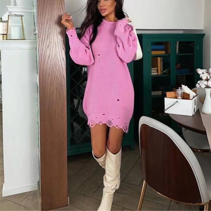 Damen Oversize Grobstrick-Minikleid mit Destroy-Effekt und Rundhalsausschnitt – Élara