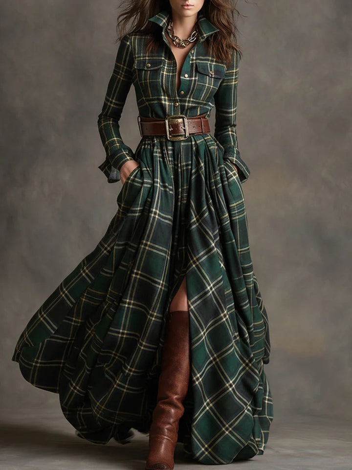 Damen nan karierte Maxikleid Hemdblusenkleid mit ausgestelltem Rock und breitem Taillengürtel Echo Archiv