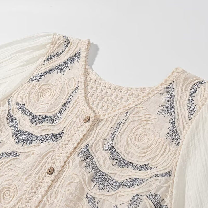 Damen Bestickter Häkelstrick-Cardigan mit transparenten Plissee-Ärmeln Echo Archiv