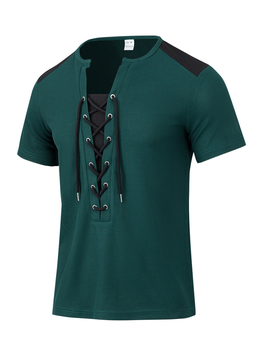 Herren Kurzarm-Henley-Shirt mit modischem Schnürdesign Echoarchiv