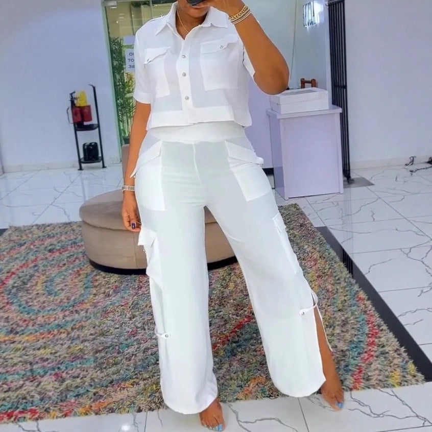 Damen nan zweiteiliges Hemd- und Cargo-Hosen-Set mit kurzem Oversize-Hemd, hoher Taille, weitem Bein und seitlichen Beinschlitzen Echo Archiv