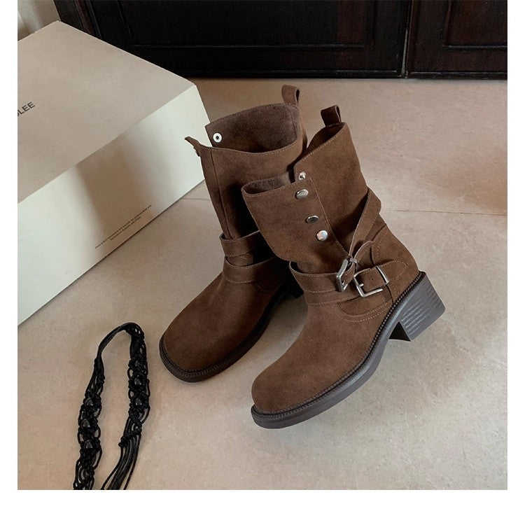 Damen Veloursleder-Bikerstiefel mit Schnallen und mittlerem Blockabsatz Echo Archiv