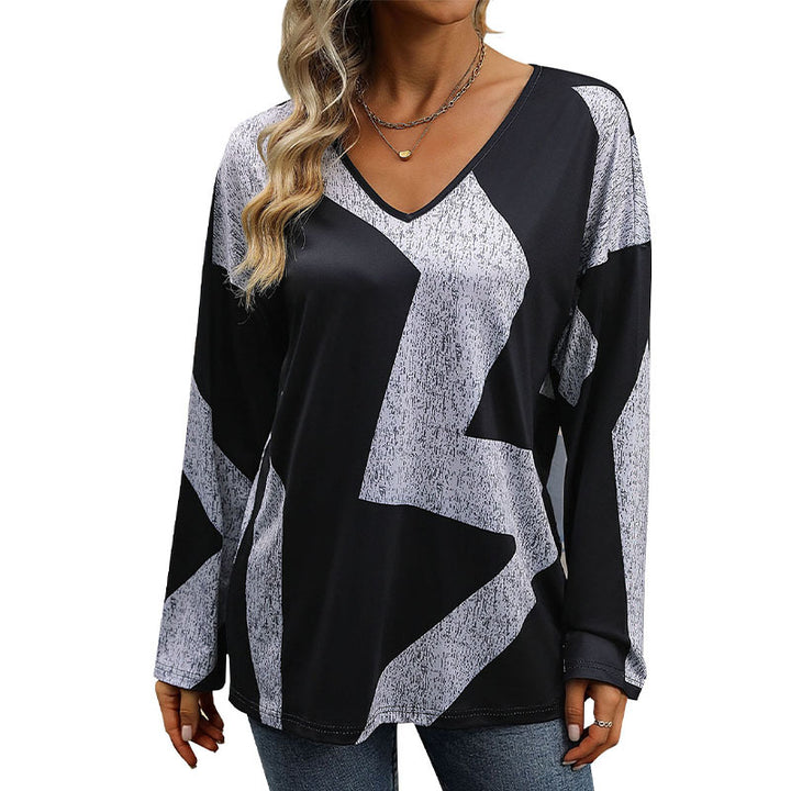 Damen Oversize V-Ausschnitt-Shirt mit abstraktem Grafikprint und leichtem Fall Echoarchiv