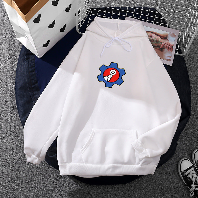 Damen oversized Fleece-Kapuzenpullover mit weicher Innenseite, Kängurutasche und appliziertem Zahnrad-Comic-Motiv – Auréline