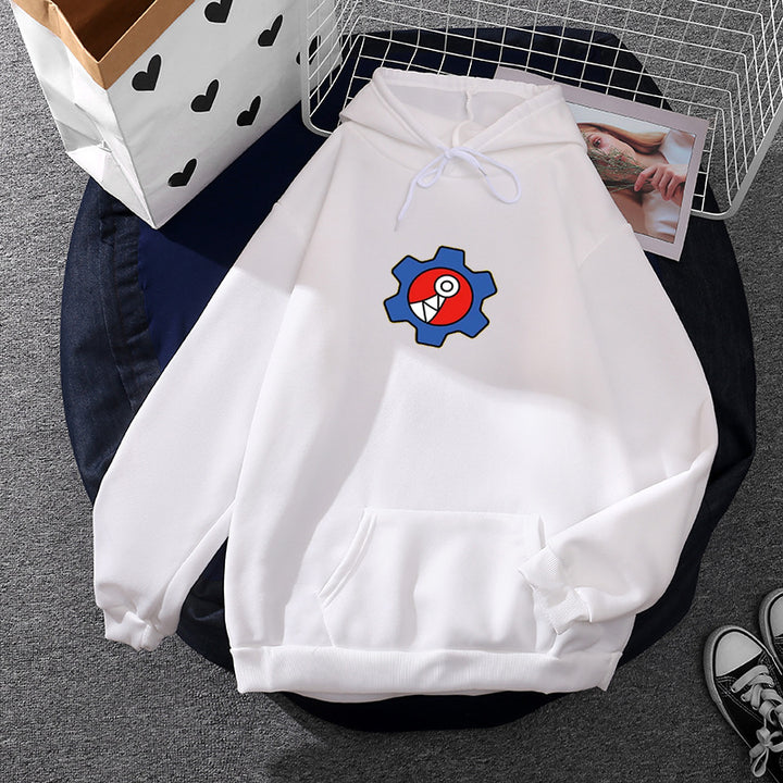Damen oversized Fleece-Kapuzenpullover mit weicher Innenseite, Kängurutasche und appliziertem Zahnrad-Comic-Motiv – Auréline