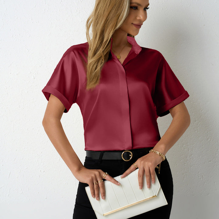Damen elegante Satinbluse mit klassischem Kragen und umgeschlagenen Ärmeln Echoarchiv