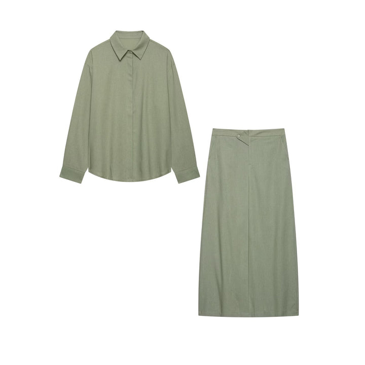 Damen Zweiteiliges Hemdblusen- und Midirock-Set mit verdeckter Knopfleiste Echo Archiv