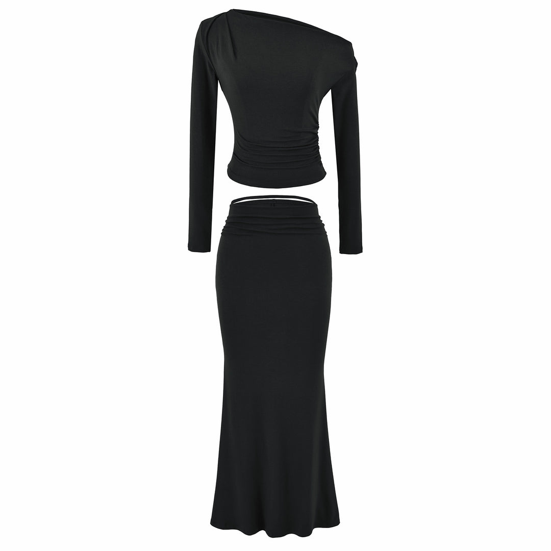 Damen Einschultriges zweiteiliges Set mit gerafftem Crop-Top und tailliertem Maxirock Echoarchiv